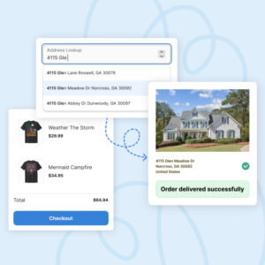 Address verification interface displaying successful order delivery at 4115 Glen Meadow Drive, featuring a house image, address lookup field, and product listings for e-commerce items.