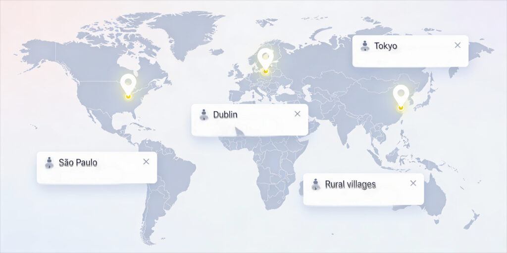 World map highlighting locations such as S&atilde;o Paulo, Dublin, Tokyo, and rural villages, emphasizing international address verification for e-commerce.
