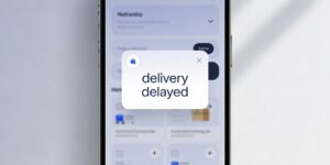 Smartphone displaying a "delivery delayed" notification, highlighting shipping issues in e-commerce.
