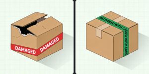 Damaged package on the left with red "DAMAGED" labels and an intact package on the right labeled "DELIVERED WITH CARE," illustrating contrasting shipping outcomes.